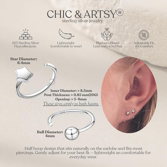 CHIC & ARTSY 925 Sterling Silver Half Hoop Earrings for Women, Small Huggie Hoops Set with Ball Bar Star Moon Cross & Pearl, Lightweight Comfort Fit Everyday & Sleep Earrings