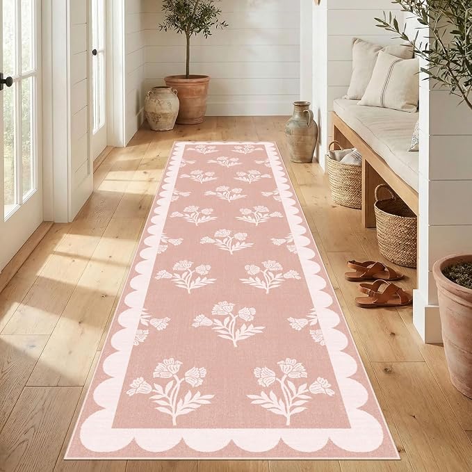 Non Slip Washable Kitchen Runner Rug - 2x8 Long Pink Hallway Runner Rugs Soft Boho Runners for Hallways Preppy Scalloped Area Rug for Bedroom Entryway Laundry Room Bathroom Foyer