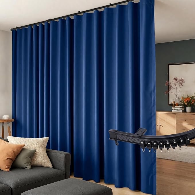 Room Divider Curtains Flexible Ceiling Tracks Set Curtain Track Ceiling Mount Blackout Curtain for Living Room Bedroom Ceiling Curtain Rod Privacy Dividers Panels W120xH96 Navy Blue Drape&Black Rail