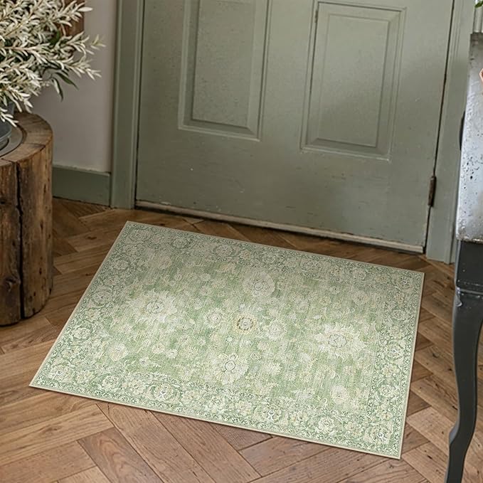 2x3 Green Washable Area Rug for Entryway Neutral Floral Soft Non Slip Small Carpet Low Pile Distressed Door Mat for Entrance Bathroom Bedroom Indoor