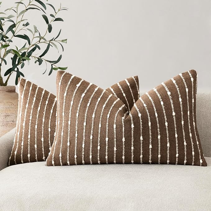 Foindtower Pack of 2 Decorative Jacquard Boucle Lumbar Throw Pillow Covers Accent Textured Striped Pillowcases Cozy Boho Cushion for Couch Sofa Bedroom Living Room Home Decor 12x20 Inch Brown