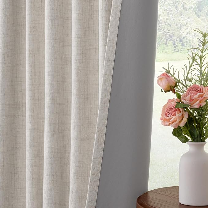 INOVADAY 100% Blackout Curtains for Bedroom, Black Out Curtains 102 Inch Long, Clip Rings Linen Blackout Drapes, Thermal Insulated Room Darkening for Living Room, 2 Panels - Beige,W50xL102