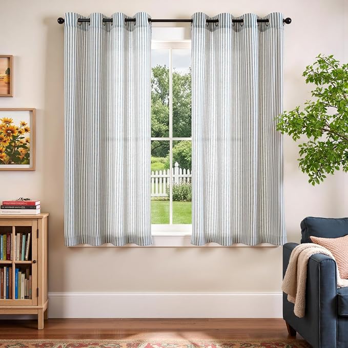 Vangao Linen Striped Curtains for Living Room Bedroom Farmhouse Tickingstripe Light Filtering Window Curtains Printed Drapes Grommet Top 2 Panels Blue W50 x L63 Inch