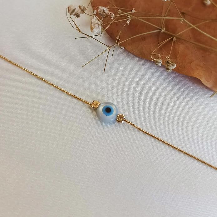 Minimalist Evil Eye Charm Bracelet – Handmade Delicate Good Luck Jewelry for Women – Adjustable 6.5” + 1” Extender