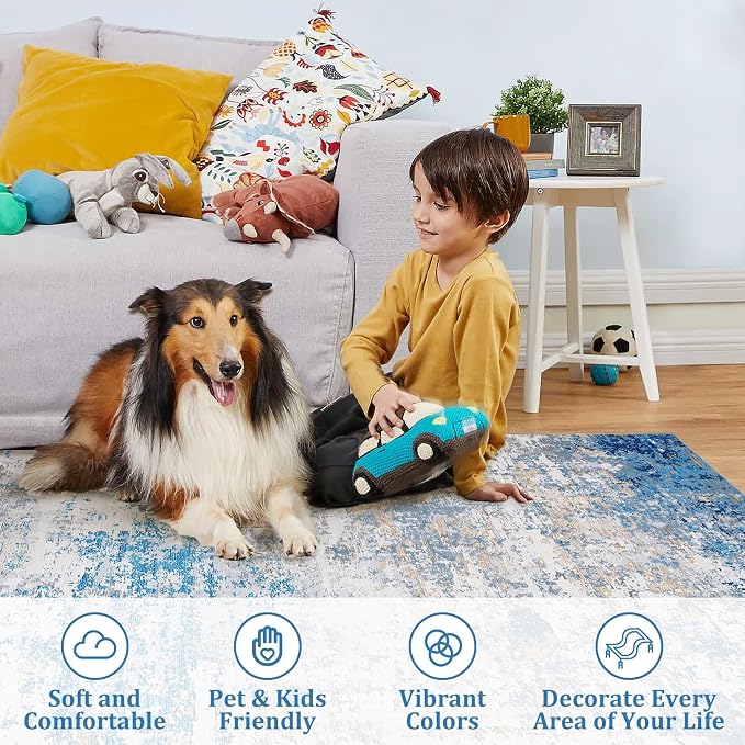ROYHOME 4x6 Modern Abstract Rugs for Living Room, Blue/Grey | Stain Resistant Carpet Ultra Soft Indoor Floor Cover Accent Rug Low Pile Thin Rug for Bedroom Dining Room