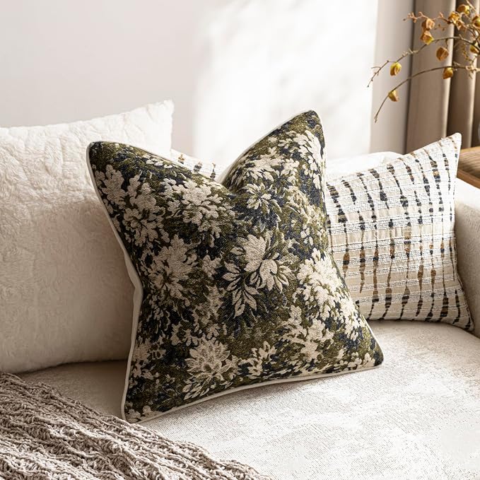 DEZENE Pack of 2 Vintage Floral Throw Pillow Covers 18x18 Boho Farmhouse Accents Chenille Square Decorative Pillow Cases for Living Room Couch Bed Home Decor, Olive Green
