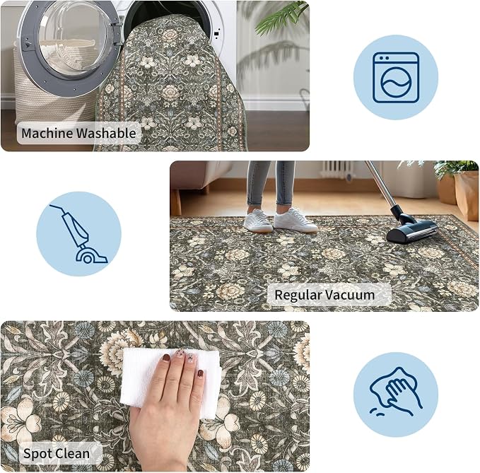 GarveeHome Washable Area Rug 6x9, Soft Vintage Floral Bedroom Rug Non Slip Low Pile Carpet Stain Resistant Gray Throw Rug for Bedside Kids Room Office Dining Room