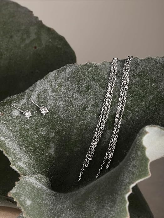 S.Leaf S925 Sterling Silver Threader Chain Earrings 18K Gold Plated Cubic Zirconia Dainty Dangle Double Piercing Long Drop Dangly Pull Through Tassel Chain Earrings Gifts for Women