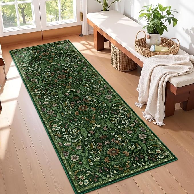 2x6 Washable Runner Rug,Dark Green Floral Boho Area Rug for Hallway,Low-Pile Non-Slip Stain Resistant Carpet for Kitchen, Bedside,Laundry Room,Entryway
