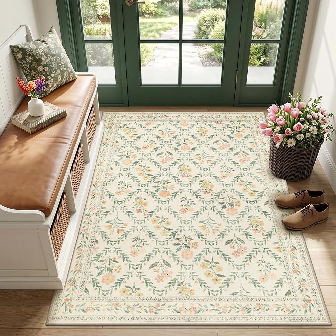 Area Rug Living Room Rugs: Floral 3x5 Washable Rug Vintage Soft Boho Non-Slip Carpet Indoor Floor Stain Resistant Large Carpets for Bedroom Dining Room Farmhouse Nursery Hallway Beige/Multi
