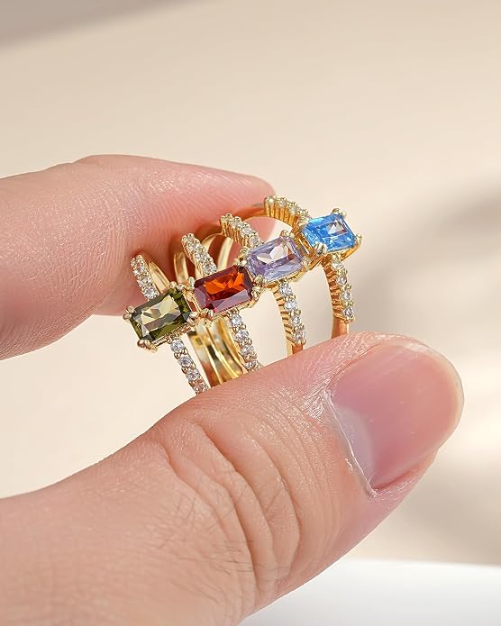 YeGieonr Birthstone Stackable Rings for Women Dainty Gold Rings with Baguette Cubic Zirconia, Non Tarnish Thin Band Ring, 14k Gold Plated Pinky Rings Jewelry Gift