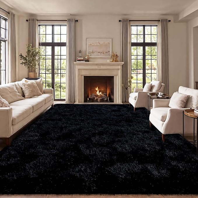 qulint Black Rug for Living Room, 10x14 Rug for Bedroom Fluffy Large Carpet | Soft Shaggy Rug for Living Room, Fuzzy Plush Modern Solid Rug for Dorm Kid Room Classroom Nursery Home Decor