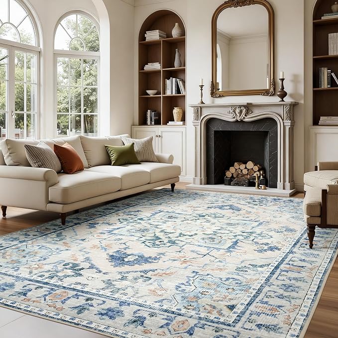 Joydeco 5x7 Area Rug for Livingroom, Bed Room, Home Office, Blue Grey | Vintage Machine Washable Non Slip