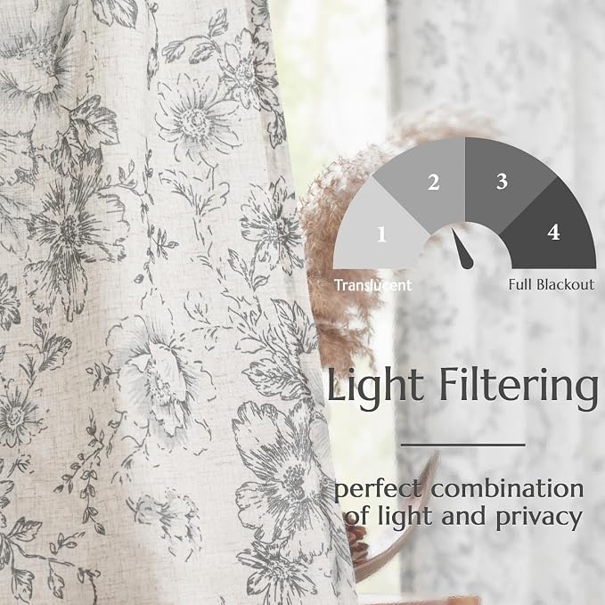 jinchan Grey Floral Linen Curtains 90 Inch Vintage Back Tab 2 Panels | Light filtering drapes, semi sheer, farmhouse, cottagecore, rustic, living room, bedroom, rod pocket, window treatment