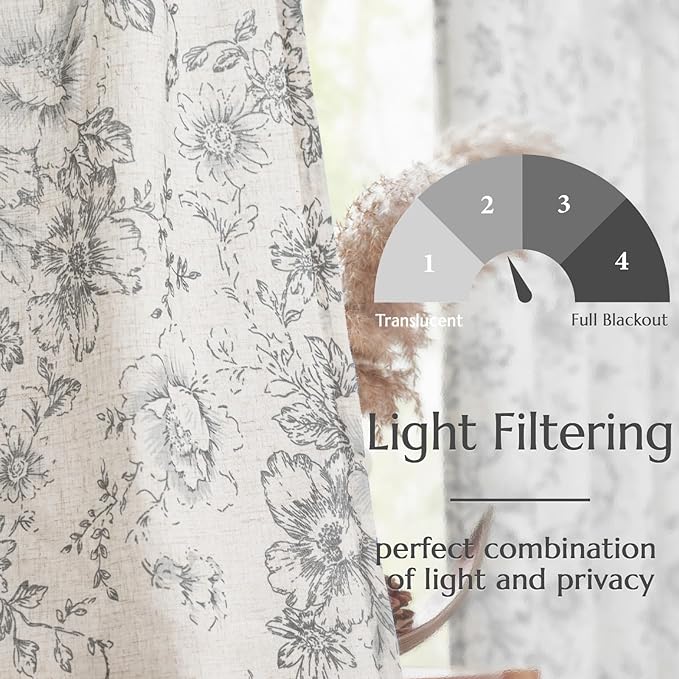 jinchan Grey Floral Linen Curtains 45 Inch Vintage Back Tab 2 Panels | Light filtering drapes, semi sheer, farmhouse, cottagecore, rustic, living room, bedroom, rod pocket, window treatment
