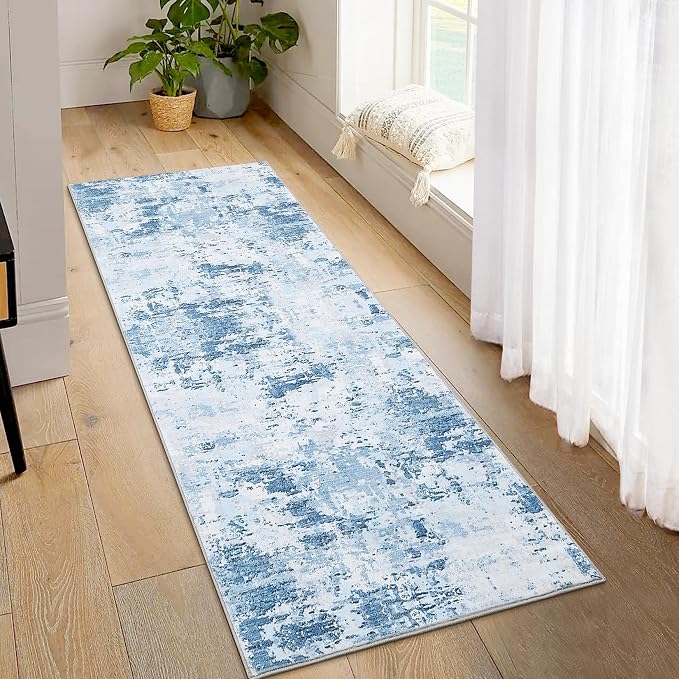 ROYHOME 2x6 Modern Abstract Runner Rug for Hallway Kitchen Bathroom, Blue | Non Slip Soft Stain Resistant Low Pile Machine Washable Non Shed Rug
