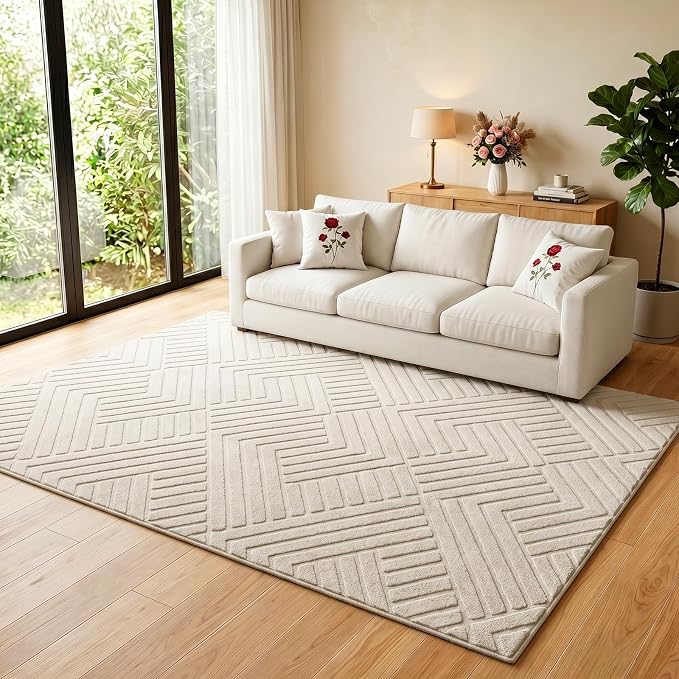 Bsmathom 6x9 Washable Area Rug, Boho Neutral Modern Soft Carpet Mat, Beige | Machine Washable, Low Pile Fluffy Plush, Non-slip, Geometric Textured, For Living Dining Kids Room Bedroom Indoor Dorm