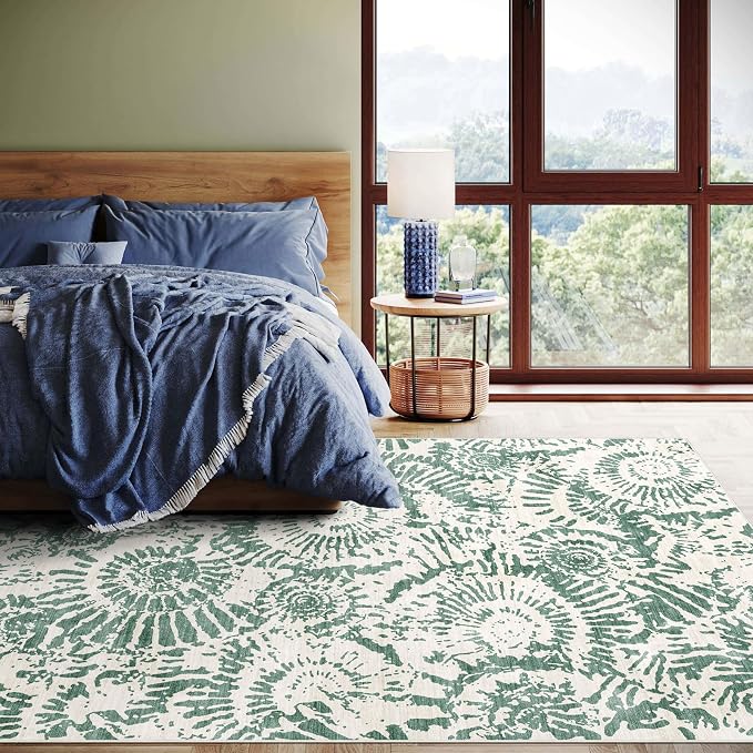 BLISSA Fresh Green Modern 5x7 Area Rug - Ultra-Thin Washable Living Room Rug, Soft Non-Slip Geometric Neutral Abstract Rugs for Bedroom Kid Room Nursery Playroom Foyer Dining Room Rugs for Under Table