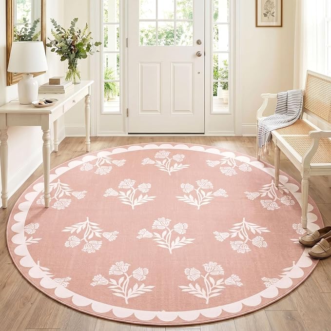 Pink Round Rugs 6ft - Soft Washable Boho Floral Bedroom Circle Rug Stain Resisantt Scalloped Dining Room Rugs for Under Round Table Vintage Area Rug for Living Room Nursery Kids Room