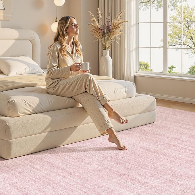 Nakagishi 6X9 Area Rugs Living Room: Washable Large Vintage Rug Neutral Non-Slip Soft Stain Resistant Indoor Carpet for Bedroom Nursery Dining Room Office Playroom - Pink