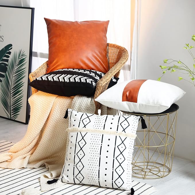 GALMAXS7 Boho Throw Pillow Covers 20 x 20 Set of 4,Faux Leather Throw Pillow Covers,Modern Farmhouse Decorative Pillow Cover Sets for Living Room Couch Sofa Bed,Black and White Pillow Covers