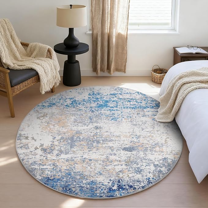 ROYHOME Modern Abstract 6x6 Round Area Rug Non Slip Non Shedding Rug Low Pile Stain Resistant for Bedroom Living Room Office Dining Room,Blue/Grey