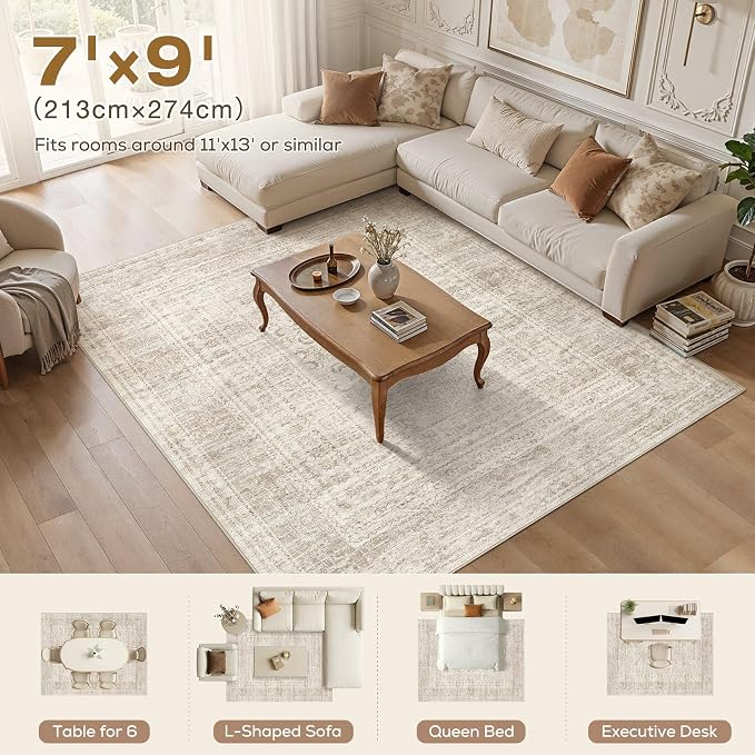 Nakagishi 7x9 Area Rugs Living Room: Washable Large Vintage Rug Neutral Non-Slip Soft Stain Resistant Indoor Carpet for Bedroom Nursery Dining Room Office Playroom - Beige Gray