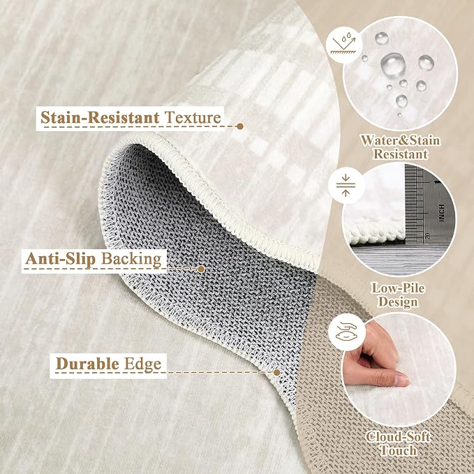Garvee Washable Area Rug 4x6 Scalloped Rugs for Living Room Solid Carpet 4x6 Rugs for Bedroom Nursery Dining Room Table Non-Slip Stain Resistant Entryway Rug Beige | Rugs for Living Room, Non-Slip Soft Carpet for Bedroom, Scalloped Low-Pile Solid Rug A...