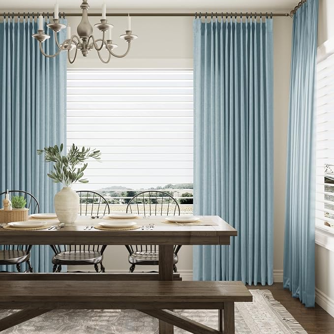 Pinch Pleated 90 Inch Curtains 2 Panels for Living Room Linen Curtains 90 Inches Long Pinch Pleat Drapes for Track System Light Filter Semi Sheer Curtain for Dining Bedroom Office Stone Dusty Blue