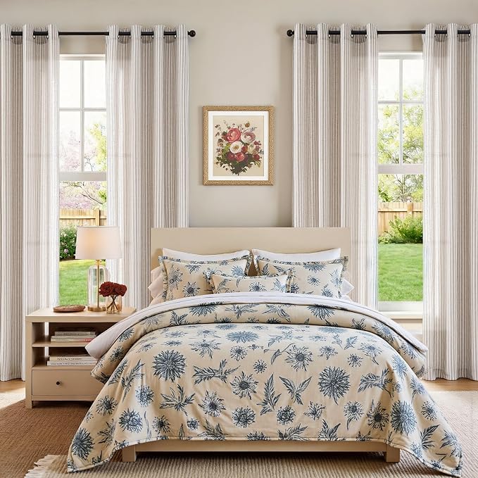 jinchan Linen Curtains 84 Inch Taupe Grey Stripe on Beige Grommet 2 Panels | Curtains for Living Room Bedroom,Ticking Stripe Pattern,Farmhouse Cottage Core Rustic, Window Treatment,Light Filtering