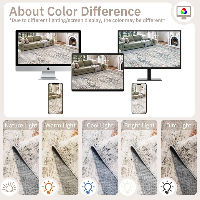 Soalmost 8x10 Area Rugs for Living Room, Washable Bedroom Soft Rug Taupe | Vintage Floral Stain Resistant Non-Slip Low Pile Throw Large Carpet for Dining Room Kitchen Home Office Nursery 8'x10'