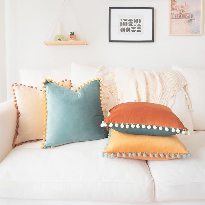 MONDAY MOOSE Decorative Throw Pillow Covers Cushion Cases, Set of 4 Soft Velvet Pom Poms Double-Sided Designs, Mix and Match for Home Decor, Pillow Inserts Not Included (16x16 inch, Orange/Teal)