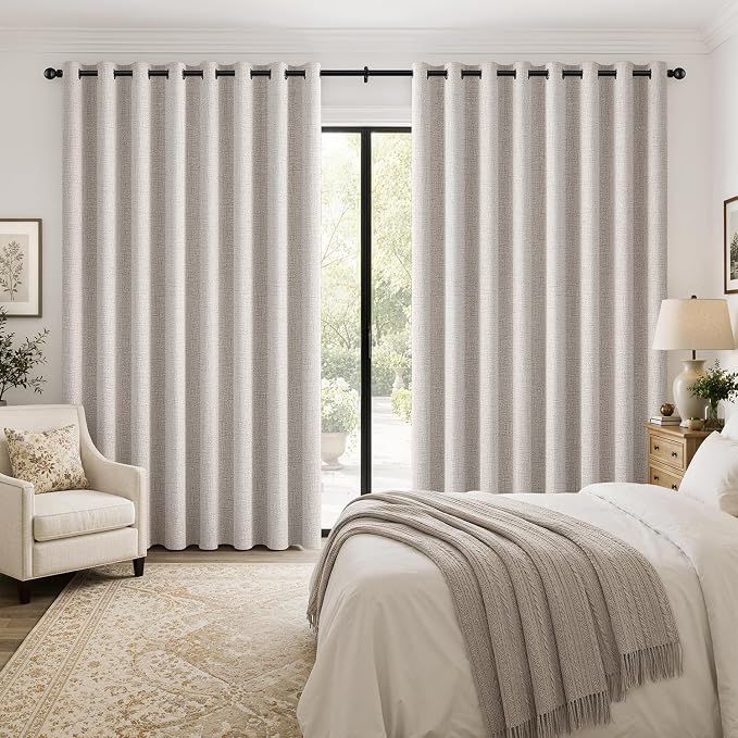 MIULEE Extra Wide 100% Blackout Curtains for Sliding Glass Doors Linen Textured W100 x L84 inch Panel Ivory Thermal Insulated Grommet Room Darkening Drapes for Patio Living Room Bedroom, 1 Panel Set