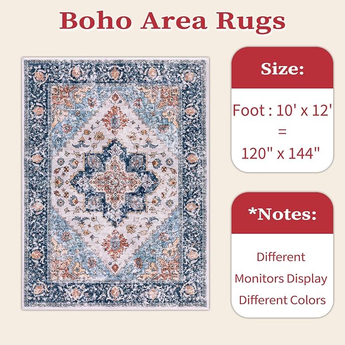 SERISSA 10x12 Area Rugs for Living Room, Large Washable Non-Slip Boho Rug, Ultra Soft Vintage Oriental Blue Orange Print Distressed Carpet for Dining Room Bedroom Office Home Decor