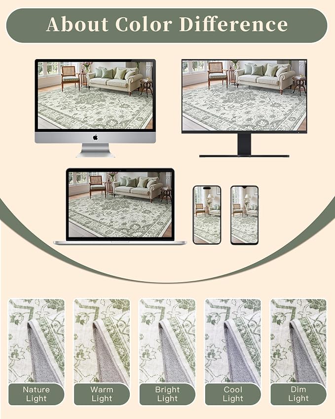 Madane 5x7 Area Rugs for Living Room, Machine Washable Vintage Green Rug with Non-Slip Backing, Soft Throw Rug, Thin Carpet for Bedroom Dining Room Farmhouse Under Table, Green/Ivory