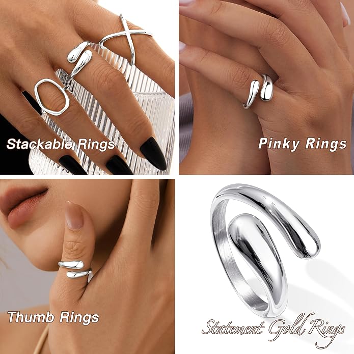 Non Tarnish Gold Chunky Rings for Women, 14K Gold Plated Statement Dome Rings Stacking Silver, Adjustable Mens Eternity Wedding Band Mixed Metal Jewelry Size 3-13