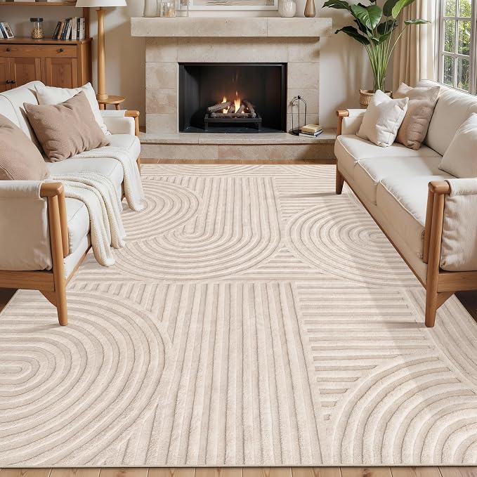Ciicool 6x9 Large Area Rug for Living Room,Beige Washable High-Low Pile | Modern Textured Soft Fluffy Non Slip Carpet Non Shedding Geometric for Kids Bedside Bedroom Dining Room Office Indoor Decor