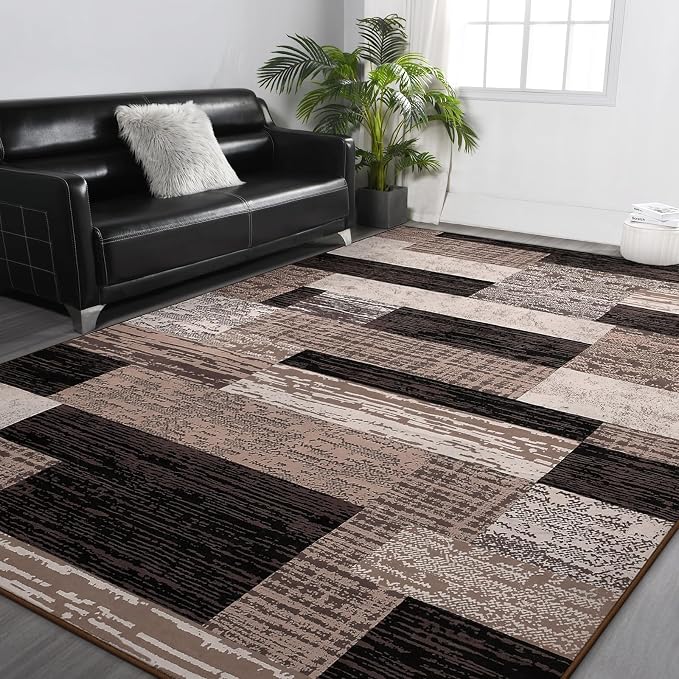 FlyDOIT Modern Geometric Patchwork Area Rug, 4x6 Chocolate Large Rugs for Living Room, Rockwood Collection Indoor Rugs for Bedroom, Throw Carpet Floor Decor for Entryway Dining Room Office Nursery
