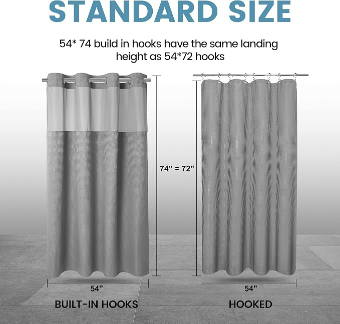 EUTXL Heavyweight Stall No Hook Shower Curtain with Snap in Liner,256GSM Waffle Weave Shower Curtains for Bathroom,54W x 74H,Grey