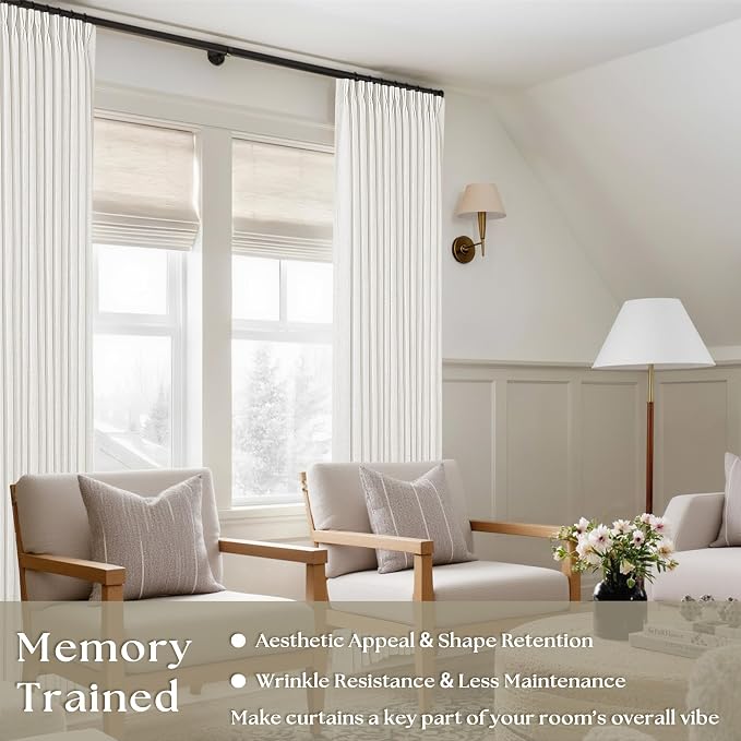 Pinch Pleated Linen Curtains 94 Inches Long for Living Room Bedroom Light Filtering Boho Window Drape 94 inch 2 Panels with Hooks Rings Cream Beige White Sliding Glass Door Semi Sheer Curtain