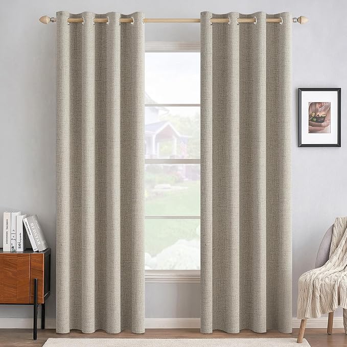 MIULEE 100% Blackout Linen Textured Curtains for Bedroom Solid Thermal Insulated Pebble Taupe Grommet Room Darkening Curtains & Drapes Luxury Decor for Living Room 52 x 96 Inch (2 Panels)