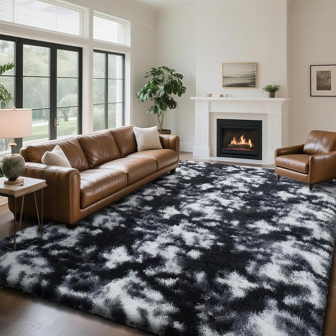 yongyangjuxin Fluffy Rug Shag Area Rug, Mottling Black 6x9 Area Rugs for Living Room, Large Shag Area Rugs for Bedroom Room Home Decor, Upgrade Anti-Skid Rectangular Fuzzy Rugs