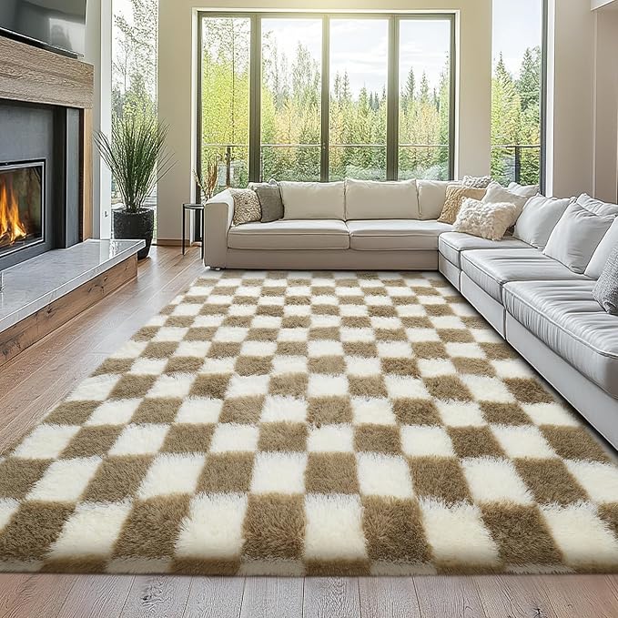 8x10 Fluffy Living Room Rug: Beige and White Checkered Rugs for Living Room- 8x10 Large Fluffy Rug for Bedroom- Soft Plush Shag Carpets for Boys Girls Teen Room, Home Decor (Beige/White)