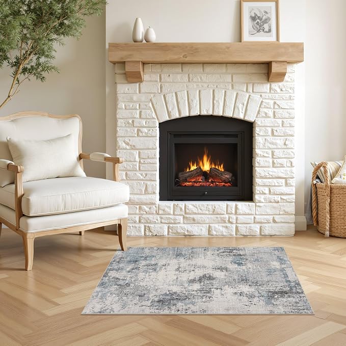 Abstract 2x3 Area Rug: Machine Washable Non Slip Ultra Thin Low-Pile Carpet, Soft Stain Resistant for Entryway Kitchen Bathroom, Kid Pet Friendly, Robot Vacuum Compatible - Grey Blue