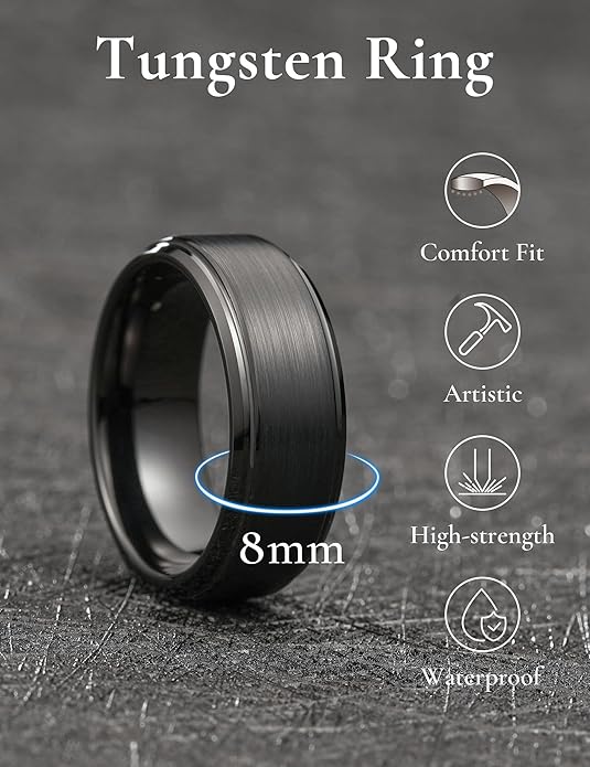 King Will Classic Tungsten Wedding Band for Men, 6/7/8/9/10mm Widths, Polished Finish Step Edge Matte Rings Comfort Fit