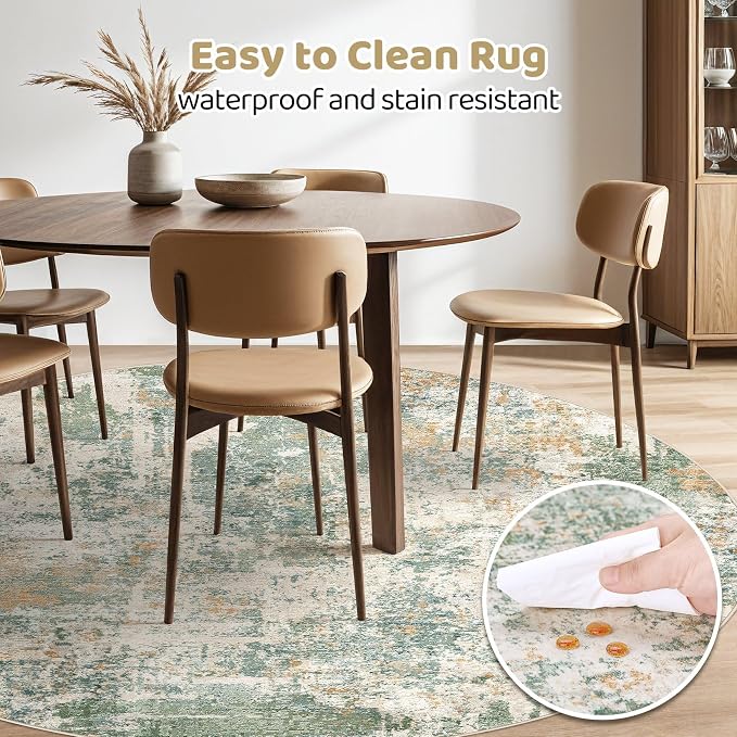 7ft Round Rug Living Room Rugs: 7x7 Washable Circle Large Abstract Modern Soft Stain Resistant Non-Slip Indoor Floor Carpet for Bedroom Nursery Office Dining Room Playroom Home House- Green