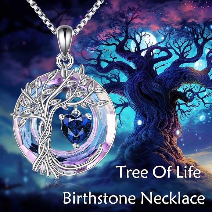 POPLYKE Mothers Day Gifts for Mom Her Wife Tree of Life Necklace 925 Sterling Silver Birthstone Pendant with Crystal Anniversary Birthday Wedding Jewelry for Women