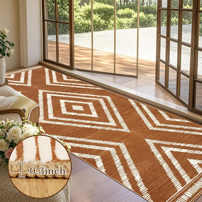 Boho 4x10 Hallway Runner Rugs Non Slip, Long Brown Washable Farmhouse Kitchen Rug Runners Non Shedding, Moroccan Floor Carpets for Bedroom Entryway Living Room Home Decor