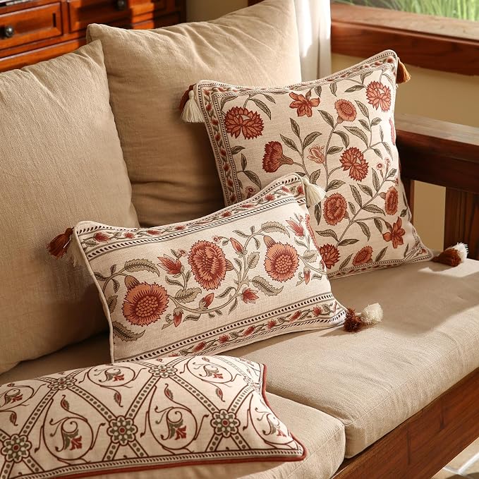 ISAENNE Designer French Linen Throw Pillow Cover,Set of 2,20"x12"-Albano C | Elegant Rectangle Pillow Cover,Concealed Zipper Design,Floral Pattern,Sofas,Bedroom,Living Room,Lounge Chairs,Decor