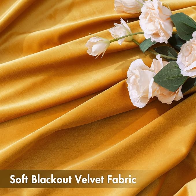 MIULEE Mustard Yellow Blackout Velvet Curtains Drapes 90 Inch Long 52"x90" | Luxurious Bedroom Living Room Decor, Room Darkening, Thermal Insulated, Rod Pocket Design, Super Soft Fabric